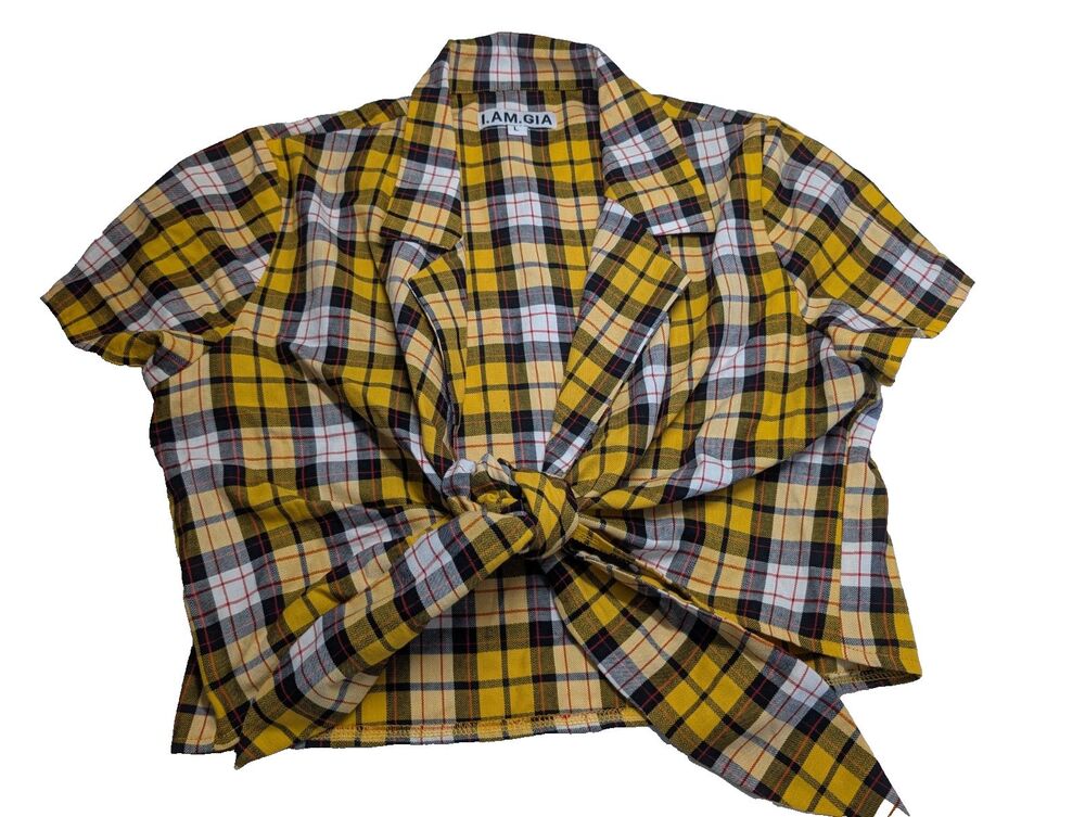 I.AM.GIA Yellow Plaid Tie-Front Crop Top Shirt S Y2K Aesthetic